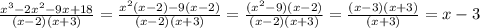 \frac{x^3-2x^2-9x+18}{(x-2)(x+3)}=\frac{x^2(x-2)-9(x-2)}{(x-2)(x+3)}=\frac{(x^2-9)(x-2)}{(x-2)(x+3)}=\frac{(x-3)(x+3)}{(x+3)}=x-3