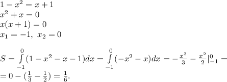 1-x^2=x+1\\ x^2+x=0\\ x(x+1)=0\\ x_1=-1,\ x_2=0\\\\&#10;S=\int\limits_{-1}^{0}(1-x^2-x-1)}dx=\int\limits_{-1}^{0}(-x^2-x)}dx=-\frac{x^3}{3}-\frac{x^2}{2}|_{-1}^0=\\=0-(\frac{1}{3}-\frac{1}{2})=\frac{1}{6}.