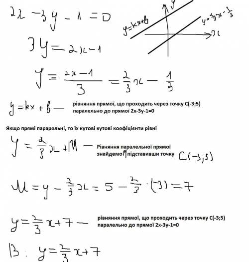 Складіть рівняння прямої, що проходить через точку с(-3; 5) паралельно до прямої 2х-3у-1=0. зробіть
