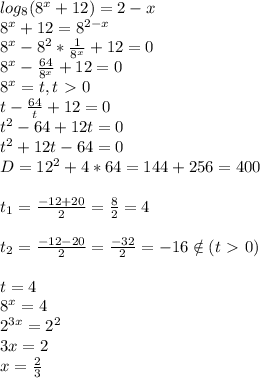 log_8(8^x+12)=2-x\\8^x+12=8^{2-x}\\8^x-8^2*\frac{1}{8^x}+12=0\\8^x-\frac{64}{8^x}+12=0\\8^x=t,t\ \textgreater \ 0\\t-\frac{64}t+12=0\\t^2-64+12t=0\\t^2+12t-64=0\\D=12^2+4*64=144+256=400\\\\t_1=\frac{-12+20}2=\frac{8}2=4\\\\t_2=\frac{-12-20}2=\frac{-32}2=-16\notin(t\ \textgreater \ 0)\\\\t=4\\8^x=4\\2^{3x}=2^2\\3x=2\\x=\frac{2}3