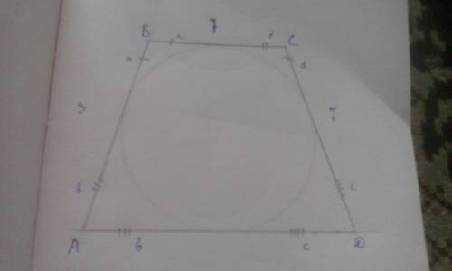 Найти периметр четырехугольника abcd описанного около окружности если сторона ab=3 , cd=7