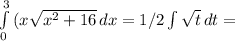 \int\limits^3_0 {(x \sqrt{x^2+16} } \, dx =1/2 \int\limits { \sqrt{t} } \, dt =