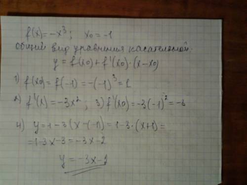 Написати рівняння дотичної до функції f(x)= -x^3 в точці з абсцисою x= -1