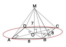 Высота правильной четырехугольной пирамиды равна 7 а сторона основания равна 8. найдите боковое ребр