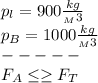 p_l=900 \frac{kg}{_M3} \\&#10;p_B=1000 \frac{kg}{_M3} \\&#10;-----\\&#10;F_A \leq \geq F_T