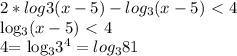 2* log{3} (x-5)- log_{3} (x-5)\ \textless \ 4&#10;&#10; log_{3} (x-5)\ \textless \ 4&#10;&#10;4= log_{3} 3^{4} = log_{3} 81