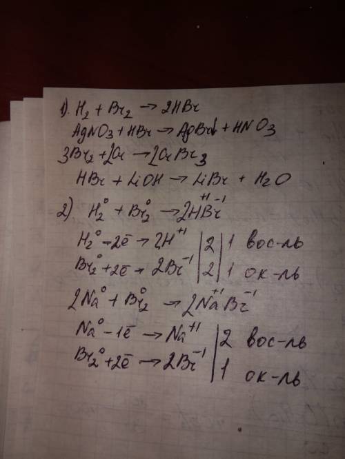 1. закончите уравнение реакции. расставьте коэффициенты: h2 + br2 = agno3 + hbr = br2+ cr = hbr + li
