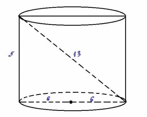 Высота цилиндра 5 см, а диагональ его осевого сечения -13 см.чему равна площадь боковой поверхности