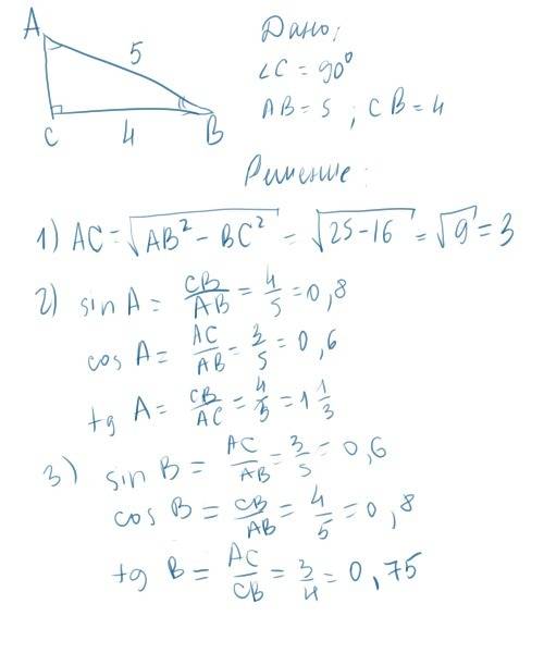 Дан прямоугольный треугольник abc угол c=90 ab= 5 bc=4 найти: sin угла b cos угла b tg угла b sin уг