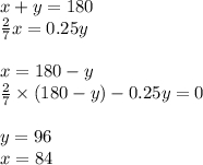 x + y = 180 \\ \frac{2}{7} x = 0.25y \\ \\ x = 180 - y \\ \frac{2}{7} \times (180 - y) - 0.25y = 0 \\ \\ y = 96 \\ x = 84