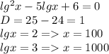 lg^2x-5lgx+6=0\\D=25-24=1\\lgx=2=x=100\\lgx=3=x=1000