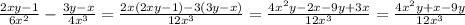 \frac{2xy-1}{6x^2} - \frac{3y-x}{4x^3} = \frac{2x(2xy-1)-3(3y-x)}{12x^3} = \frac{4x^2y-2x-9y+3x}{12x^3} = \frac{4x^2y+x-9y}{12x^3}