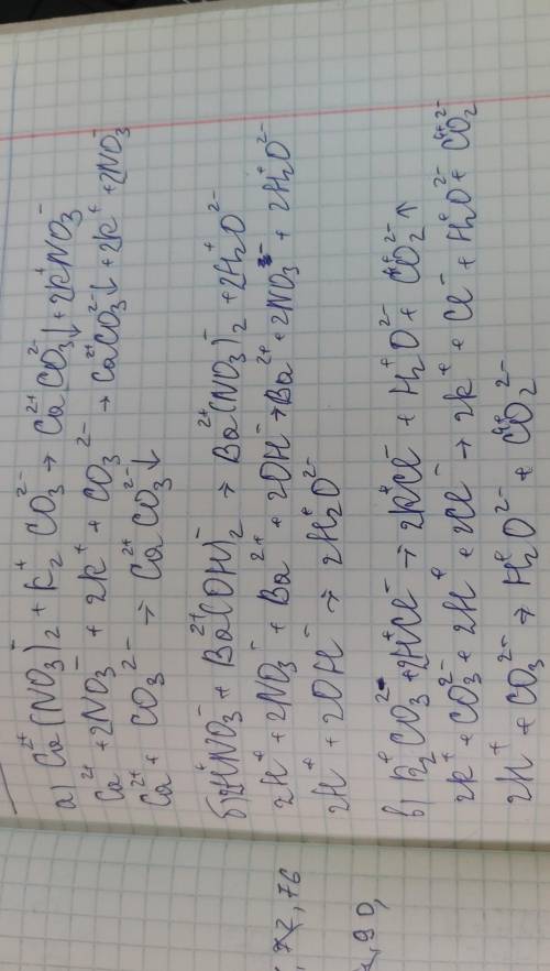 Напишите молекулярные, полные и сокращённые ионные уравнения следующих процессов: а) Ca(NO3)2+K2CO3→