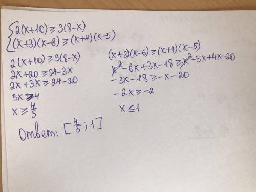 Разрешите систему неравенств 2(х+10)≥3(8-х), (х+3) (х-6) ≥ (х+4) (х-5)