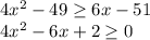Розв’язати нерівність (2х-7)(2х+7)≥6х