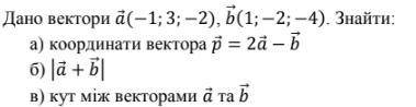 Дано вектори a (−1; 3; −2), b 1; −2; −4 . Знайти: а) координати вектора p = 2a − b б) a + b в) кут м