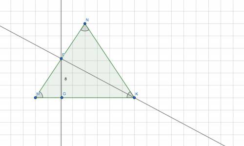 В равностороннем треугольнике MNK проведена биссектриса KF, расстояние от точки F до прямой MK=8см.
