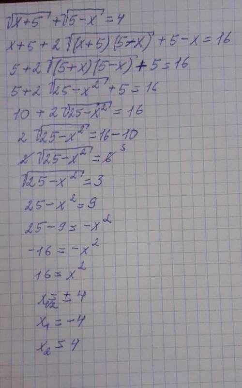  Розв'яжіть рівняння: а) корінь х+5+корінь5-х=4​ 