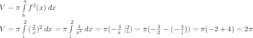 V=\pi \int\limits^a_b {f^2(x)} \, dx \\\\V=\pi \int\limits^2_1 {(\frac{2}{x})^2 } \, dx =\pi\int\limits^2_1 {\frac{4}{x^2} } \, dx=\pi(-\frac{4}{x}\mid^2_1)=\pi(-\frac{4}{2}-(-\frac{4}{1}))=\pi(-2+4)=2\pi