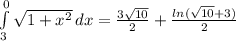 \int\limits^0_3 {\sqrt{1+x^{2} } } \, dx =\frac{3\sqrt{10} }{2}+\frac{ln(\sqrt{10}+3 )}{2}