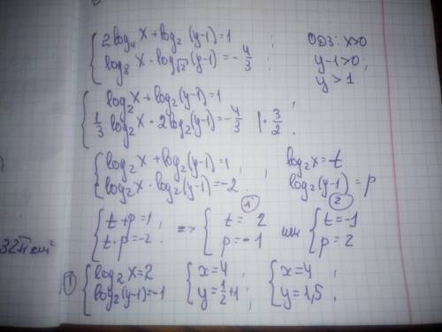 Решите систему логарифмических уравнений: {2 log_4⁡x+log_2⁡(y-1)=1, log_8⁡x∙log_√2⁡(y-1)=-4/3