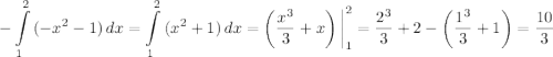 -\displaystyle \int\limits^2_1 {(-x^{2} - 1)} \, dx = \int\limits^2_1 {(x^{2} + 1)} \, dx = \left(\dfrac{x^{3}}{3} + x \right) \bigg| ^{2}_{1} = \dfrac{2^{3}}{3} + 2 - \left(\dfrac{1^{3}}{3} + 1 \right) = \dfrac{10}{3}