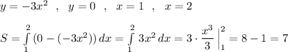 y=-3x^2\ \ ,\ \ y=0\ \ ,\ \ x=1\ \ ,\ \ x=2\\\\S=\int\limits^2_1\, (0-(-3x^2))\, dx=\int\limits^2_1\, 3x^2\, dx=3\cdot \dfrac{x^3}{3}\, \Big|_1^2=8-1=7
