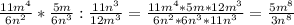 \frac{11m^4}{6n^2}*\frac{5m}{6n^3}:\frac{11n^3}{12m^3}=\frac{11m^4*5m*12m^3}{6n^2*6n^3*11n^3}=\frac{5m^8}{3n^8}
