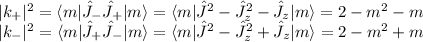 |k_+|^2 = \langle m| \hat{J}_-\hat{J}_+|m\rangle = \langle m| \hat{J}^2-\hat{J}_z^2-\hat{J}_z|m\rangle = 2-m^2-m\\|k_-|^2 = \langle m| \hat{J}_+\hat{J}_-|m\rangle = \langle m| \hat{J}^2-\hat{J}_z^2+\hat{J}_z|m\rangle = 2-m^2+m
