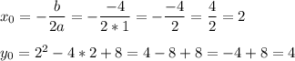 x_0=-\dfrac{b}{2a}=-\dfrac{-4}{2*1}=-\dfrac{-4}{2}=\dfrac{4}{2}=2 \\ \\ y_0=2^2-4*2+8=4-8+8=-4+8=4
