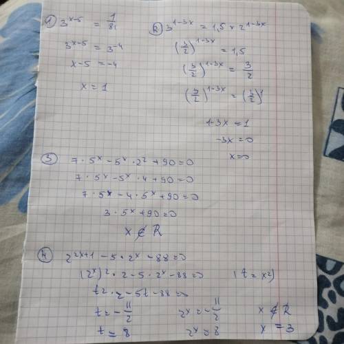 решить. 3 ˣ⁻⁵ = 1\81 3 ¹⁻³ˣ = 1.5·2¹⁻³ˣ 7 · 5ˣ - 5ˣ · 2² + 90 = 0 2 ²ˣ⁺¹ - 5 · 2ˣ - 88 = 0