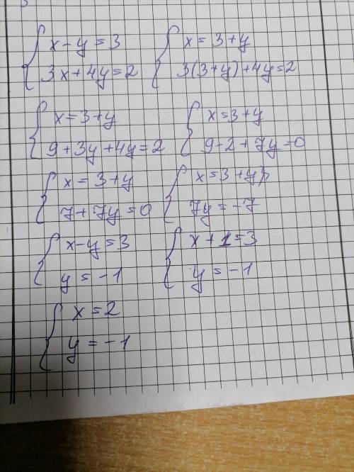 Решите по братски ленейную функцию 7класс x-y=33x+4y=2​
