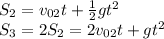 S_2 = v_{02}t + \frac{1}{2}gt^{2}\\S_3 = 2S_2 = 2v_{02}t + gt^{2}\\