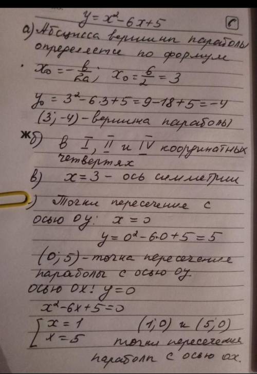 Функция задана формулой у= х2 - 6х + 8. Найдите: a) координаты вершины параболы и уравнение ее оси с