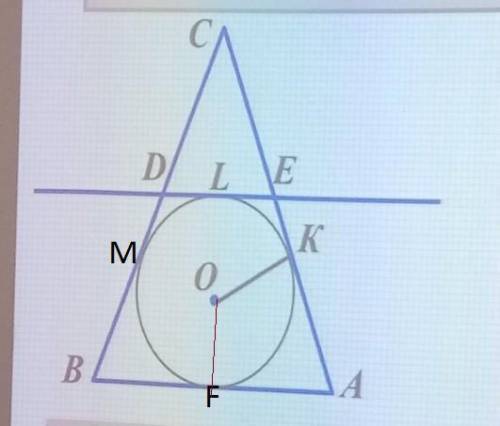 к окружности, вписанной в равнобедренный треугольник ABC проведена касательная, пересекающая боковые