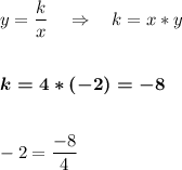 \displaystyle y = \frac{k}{x} \quad \Rightarrow \quad k=x*yboldsymbol {k = 4*(-2)= -8}-2=\frac{-8}{4}