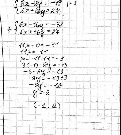 Розв'яжіть систему рівнянь {3x-8y=-19 {5x+16y=27