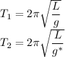 T_1=2\pi\sqrt{\dfrac Lg}\\T_2=2\pi\sqrt{\dfrac L{g^*}}