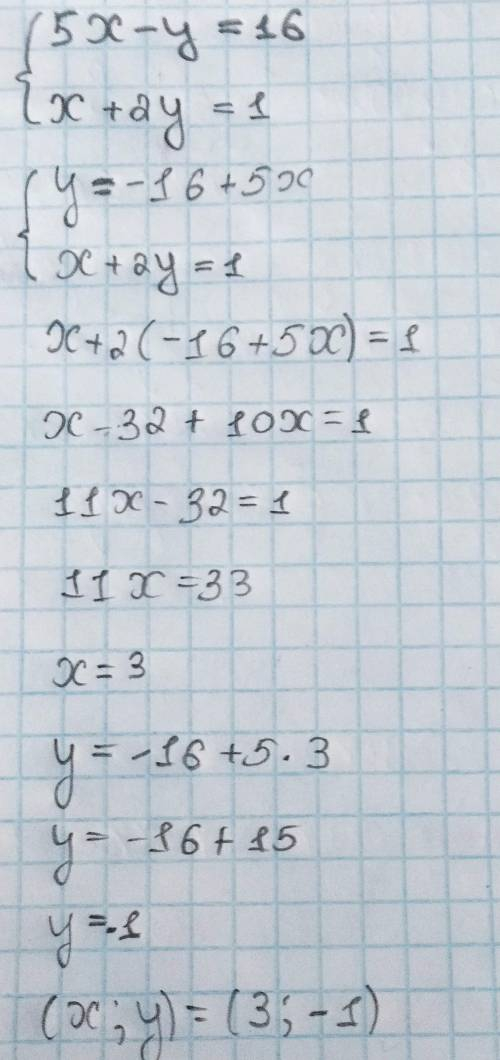 Розв'яжіть методом підстановки систему рівнянь : 5х - у = 16 х + 2у = 1