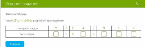 Заполнить таблицу цифрами. Число 1710 100012 в однобайтовом. Заполни таблицу. Число 1710=100012 в однобайтовом формате:. Число 1710=100012 в однобайтовом формате: номера разрядов. Таблица номера разрядов и биты числа.