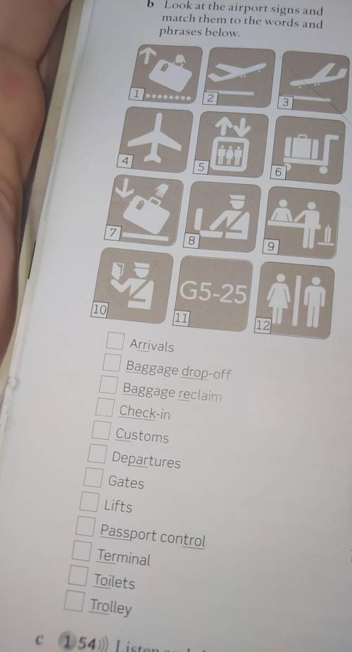 Test look. Look at the Airport signs and Match them to the Words and phrases below. B. look at the Airport signs and Match them to the Words and phrases below. Check you understand the phrases below and complete. Complete the Words or phrases below using Words from the Box Boarding Baggage.