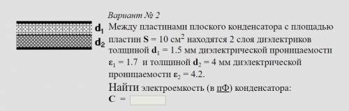 Площадь пластин плоского конденсатора. Два плоских конденсатора с площадью пластин. В плоском конденсаторе находятся два слоя диэлектрика с толщинами d1 d2. Что находится между пластинами плоского конденсатора. Слой толщиной из диэлектрика с проницаемостью.